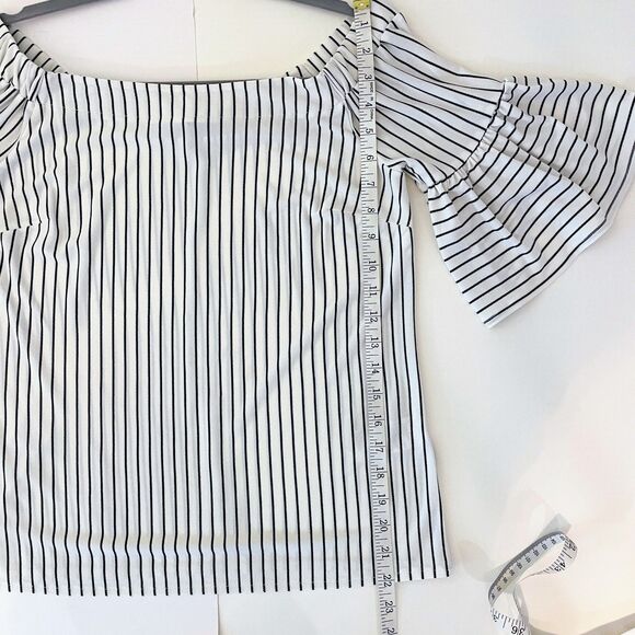 Banana Republic Off the Shoulder Bell Flare Slv Pin Stripe Blouse Black White S - Picture 9 of 11